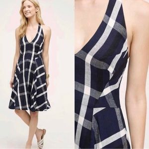 Eva Franco Anthropologie Anya Navy Plaid Linen Blend Halter Dress Size OP